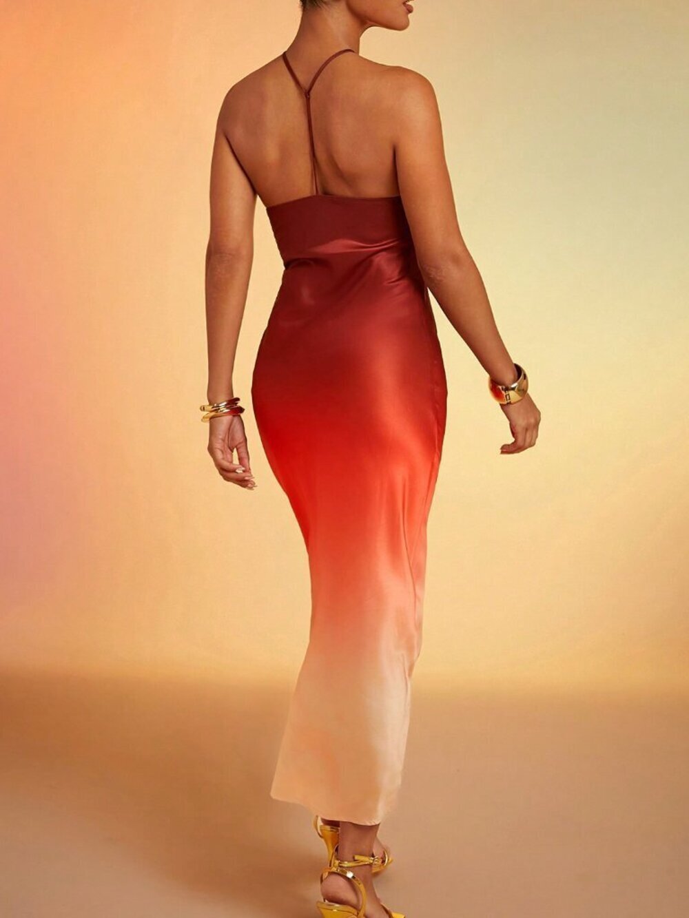Multicolor Elegant Women's Ombre Satin Strappy Halter Backless Maxi Dress - Picture 2 of 5